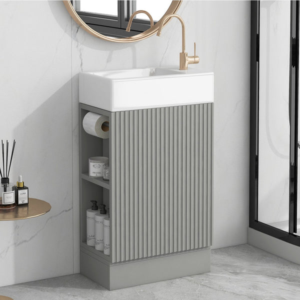 English Elm 18.6" Bathroom Vanity with Sink and Ceramic Top, MDF Cabinet with Door, TP Holder & Shelf Grey N725P212181E