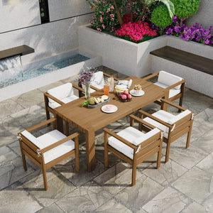 English Elm Trexm Acacia Wood Outdoor Dining Set Seats Six with Washable Cushions Umbrella Ready Beige,Light Teak TM000022AAD