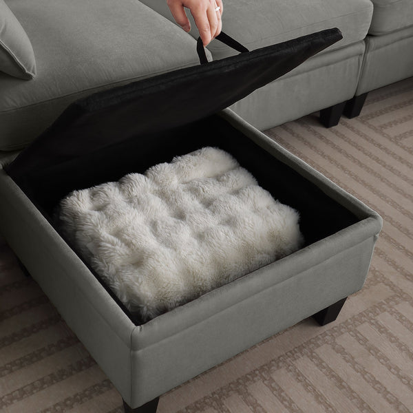 English Elm 102 Inch Linen Modular Sectional Sofa with Hidden Storage and Cloud Cushion Comfort Dark Grey W1099S00216
