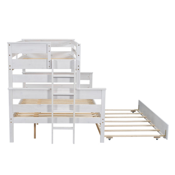 English Elm Wood Twin over Full Bunk Bed with Twin Trundle – Space-Saving Pine/MDF Triple Bed, Sturdy & Safe Design White GX000448AAK-1