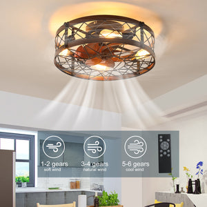English Elm Caged 20" Flush Mount Ceiling Fan with Light, Matte Black Farmhouse Cage, 7-Blade Remote, Reversible W2312P374759