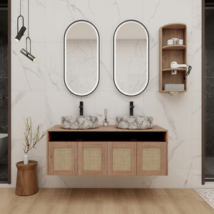 English Elm 48" Floating Bathroom Vanity Oak Finish Dual Ceramic Sinks Soft Close Plywood Cabinet W999S00506