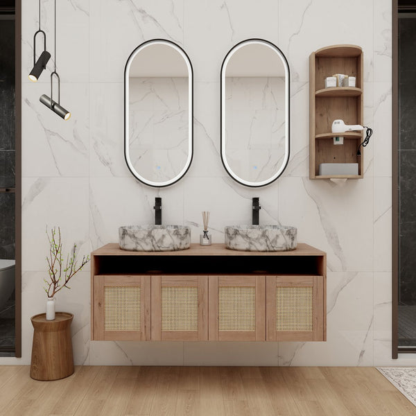 English Elm 48" Floating Bathroom Vanity Oak Finish Dual Ceramic Sinks Soft Close Plywood Cabinet W999S00506