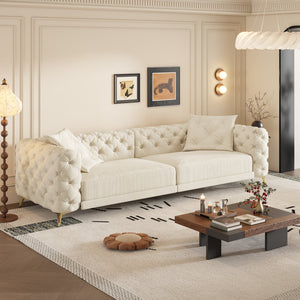 English Elm 97.6" Oversized Velvet Chesterfield Sleeper Sofa Floral Tufted Roll Arm Living Room Couch Beige+White W1885S00297