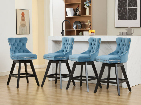English Elm Swivel Velvet Barstools with Tufted Back Support, 360° Rotation, Foam & Spring Cushion, Sturdy Wooden Frame Light Blue W1143P369089