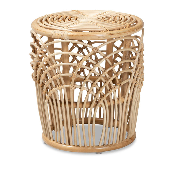 English Elm Modern Rattan Drum End Table Woven Openwork Frame Bohemian Living Room Accent B2750P470036