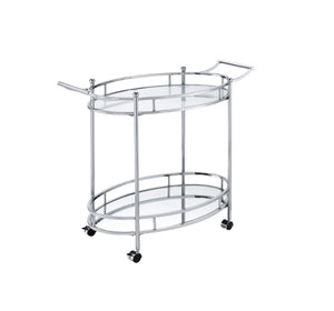 English Elm Jinx Clear Glass & Chrome Serving Cart with Wheels and Stop, Two-Tier Modern Bar Cart for Entertaining elegant mobile display piece B2726P255375