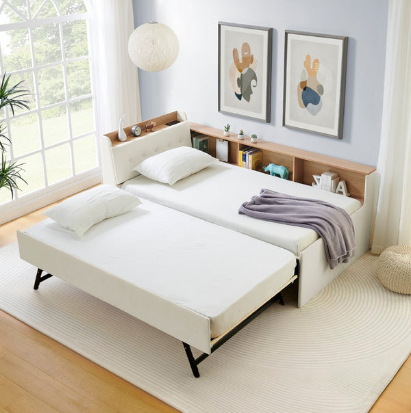 English Elm Twin Size Velvet Daybed With Trundle, Storage Headboard & Wireless Charging - Stylish & Functional! W1413S00111-GIGA