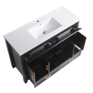 English Elm 48" Matte Black Bathroom Vanity with Ceramic Basin 8 Soft Close Storage Doors Drawers W3133S00004