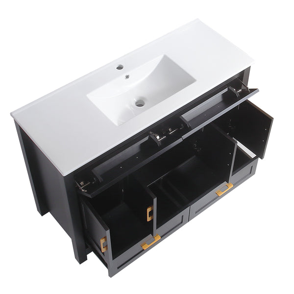 English Elm 48" Matte Black Bathroom Vanity with Ceramic Basin 8 Soft Close Storage Doors Drawers W3133S00004