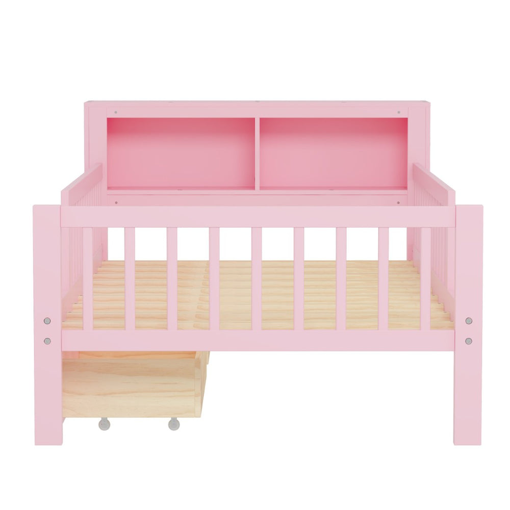 English Elm Twin Size Bed With Pink Finish, Headboard Storage, Under-Bed Drawers & Guardrails For Kids' Safety N733P272374H-GIGA