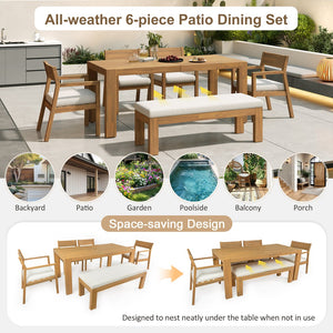 English Elm Trexm Outdoor Acacia Wood Dining Set Seats Six with Umbrella Hole and Cushioned Bench Beige,Light Teak TM000028AAD