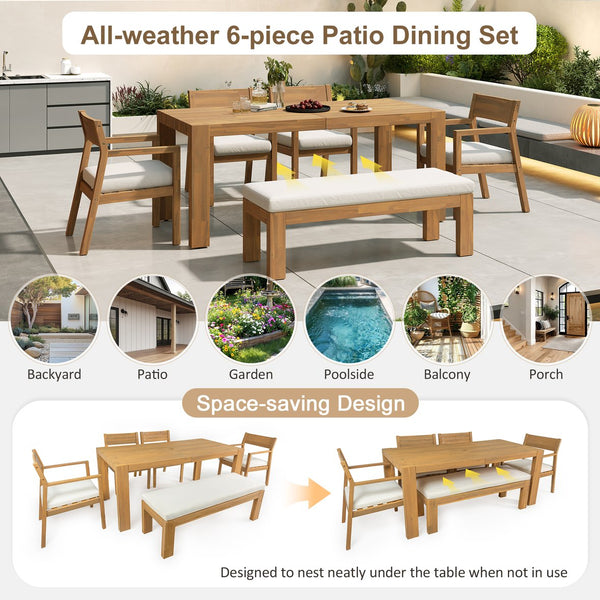English Elm Trexm Outdoor Acacia Wood Dining Set Seats Six with Umbrella Hole and Cushioned Bench Beige,Light Teak TM000028AAD