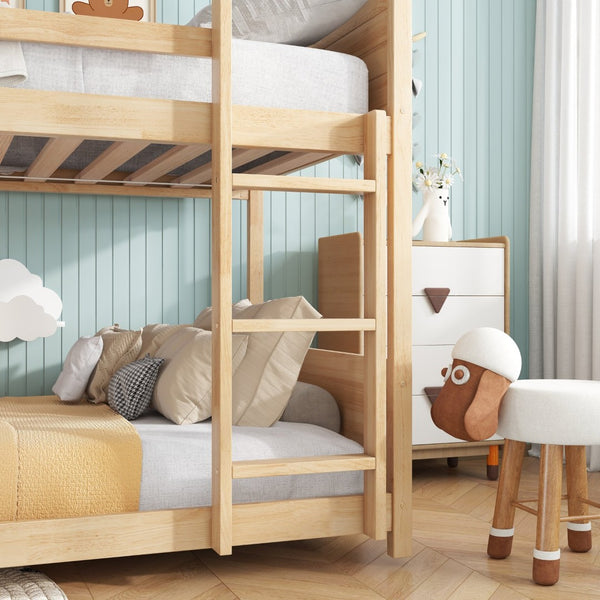 English Elm Twin House Floor Bunk Bed – Charming Rubberwood Design With Safety Guardrails, Ladder & White Oak Finish W504P227973-GIGA
