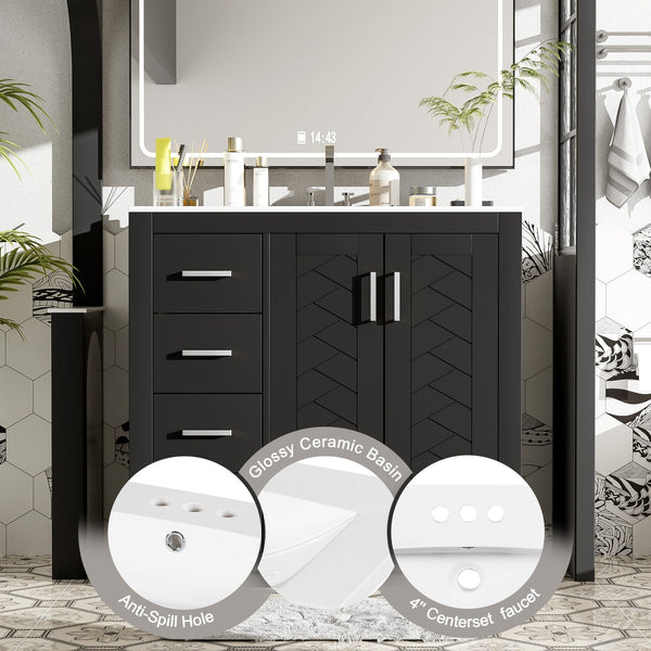 English Elm 36'' Bathroom Vanity with Ceramic Sink Combo, Solid Wood Frame, Soft-Close Drawers and Stylish Retro Groove Design Black N710P291684B