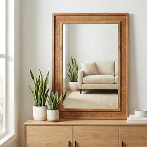 English Elm Natural Rattan Wrapped Solid Wood Rectangular Mirror Handcrafted Farmhouse Bathroom Entryway Yellowish-Brown W2203P436619