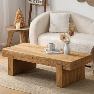English Elm 47.6" Farmhouse Solid Wood Coffee Table Natural Rustic Rectangular Low Profile Sturdy Double Base W3306P318547