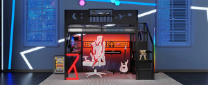 English Elm Metal Full Loft Bed with L Shaped Desk Wardrobe Rgb Lighting and Usb Charging W2593S00062
