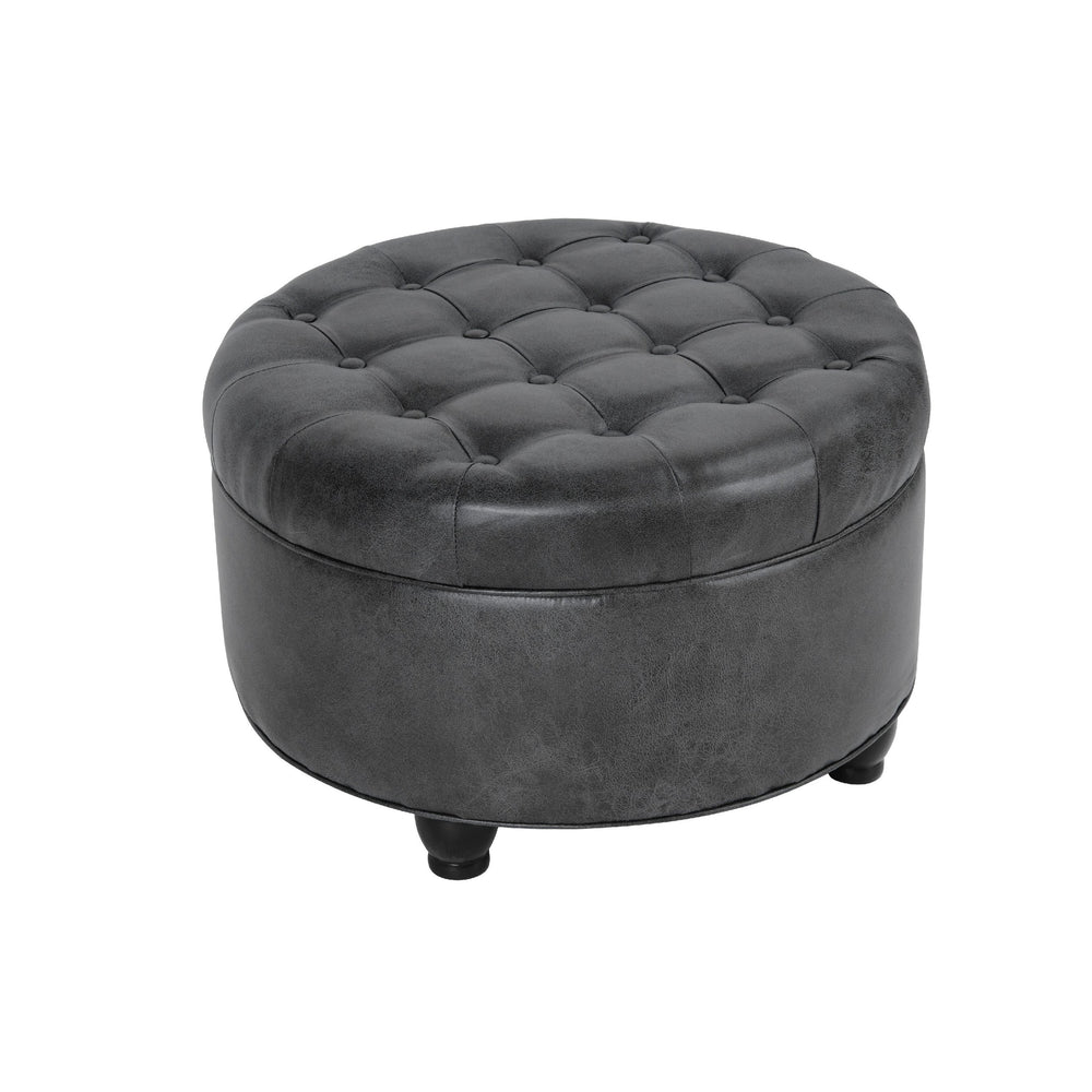 English Elm Gery Round Tufted Storage Ottoman Faux Leather Lift Top Living Room Footrest Black+ Gray B056P416974
