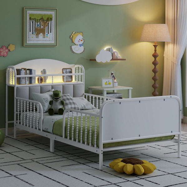 English Elm Twin Solid Wood Platform Bed with Guardrail for Kids, Low-Profile Sturdy Pine Frame, Safe Sleep Solution White 43.7 L x 16.93 W x 9.65 H W2593P337432