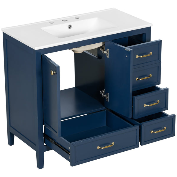 English Elm 36" Solid Pine Bathroom Vanity with Ceramic Sink 4 Soft Close Drawers Vintage Style Blue N759S293646C