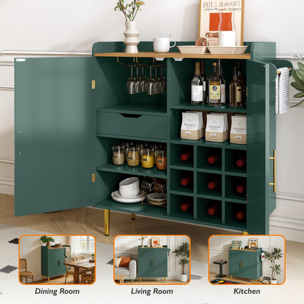 English Elm Modern Fluted Bar Cabinet with Wine Rack Glass Holders Adjustable Shelving and Hidden Drawer Green N728P438606G