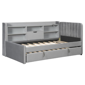 English Elm Twin Upholstered Daybed with Pull-Up Trundle, Velvet High Back with Shelves, Flip Storage & USB Gray SF000194AAE