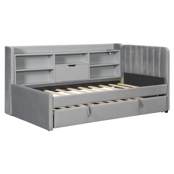 English Elm Twin Upholstered Daybed with Pull-Up Trundle, Velvet High Back with Shelves, Flip Storage & USB Gray SF000194AAE