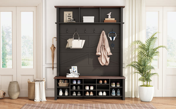 English Elm Farmhouse Hall Tree Entryway Organizer with Bench 16 Compartments and 6 Coat Hooks N721S000064B-1