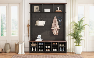 English Elm Farmhouse Hall Tree Entryway Organizer with Bench 16 Compartments and 6 Coat Hooks N721S000064B-2