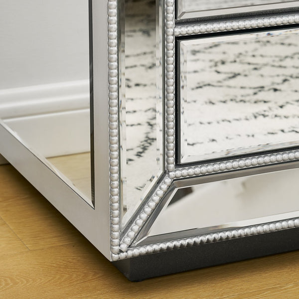 English Elm Three Drawer Mirrored Cabinet with Pearl Lacquer Finish and Crystal Pulls for Glam Decor W1005P416743