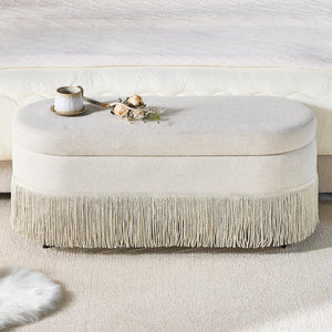 English Elm Oval Fringe Trim Upholstered Lift Top Storage Ottoman Stylish Footrest for Any Room Beige W5501P462403