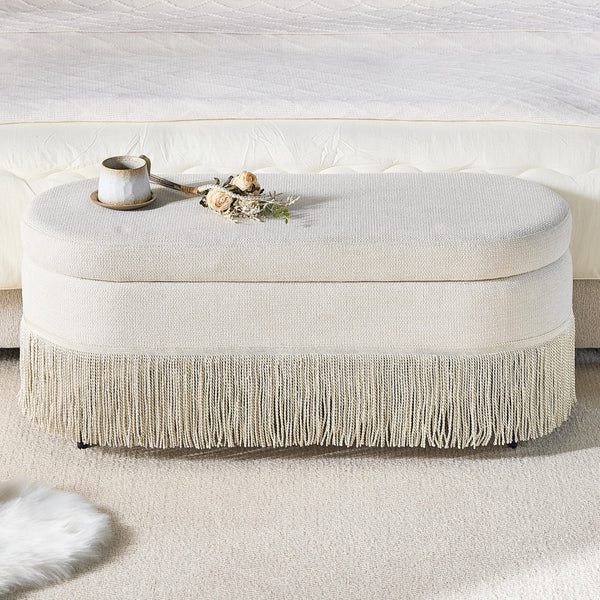 English Elm Oval Fringe Trim Upholstered Lift Top Storage Ottoman Stylish Footrest for Any Room Beige W5501P462403