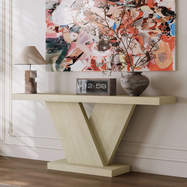English Elm 66" Mid-century X-leg Console Oak Wash Veneer Entryway Sofa Table Geometric Base Imitative Oak W1435P337636