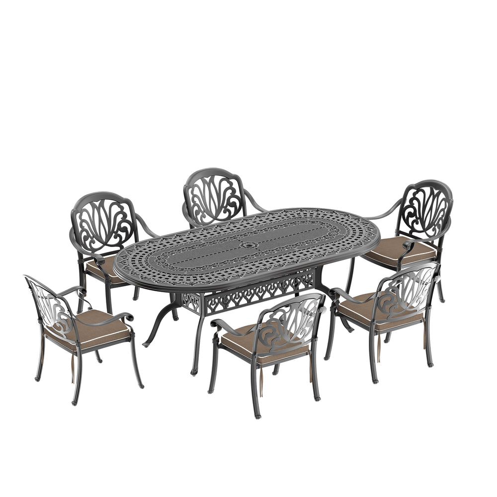 English Elm 7-Piece Cast Aluminum Patio Furniture Set With Plush Brown Cushions For Ultimate Outdoor Comfort W1710S00496