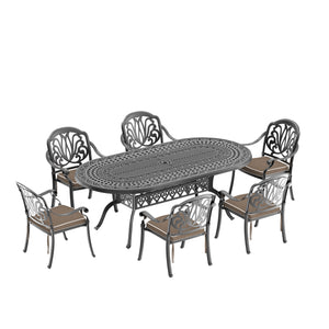 English Elm 7-Piece Cast Aluminum Patio Furniture Set With Plush Brown Cushions For Ultimate Outdoor Comfort W1710S00496