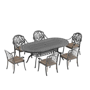 English Elm 7-piece Cast Aluminum Outdoor Dining Set Ornate Patio Table Six Stacking Chairs W1710S00648