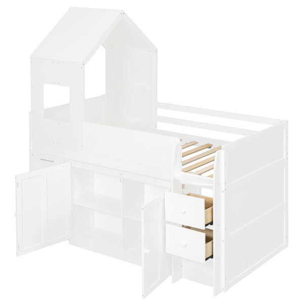 English Elm Twin House Loft Bed with Pull Out Rolling Desk Stair Drawers and Cabinet Storage White N820S00072K