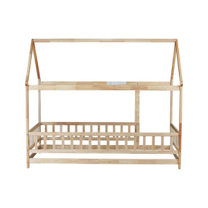 English Elm Twin House Frame Floor Bed Rubberwood with Roof Canopy and Safety Rails for Kids Natural W504P429345