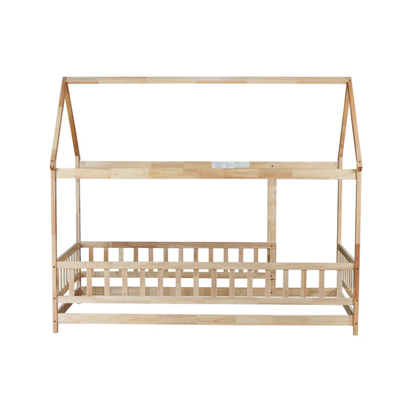 English Elm Twin House Frame Floor Bed Rubberwood with Roof Canopy and Safety Rails for Kids Natural W504P429345