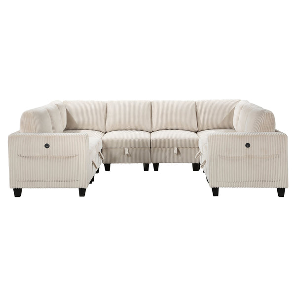 English Elm 8-Piece Modular Sectional Sofa with Hidden Storage, Side Pockets & Charging Ports in Corduroy Fabric Beige 28.5 L x 29 W x 20.5 H B011S01082