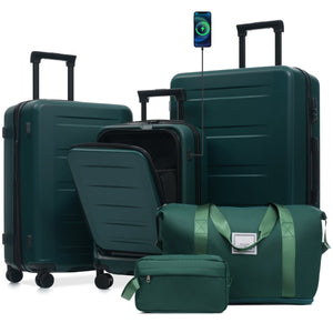 English Elm Luggage 5 Piece Hardside Abs Set with Front Access Carry on and Tsa Spinner Wheels Dark Green N732P391544M