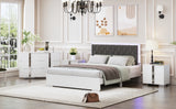 English Elm 4-Pieces Bedroom Sets Queen Size Upholstered Bed With Led Lights, Mirrored Nightstands and Dresser With Metal Handles and Legs,White