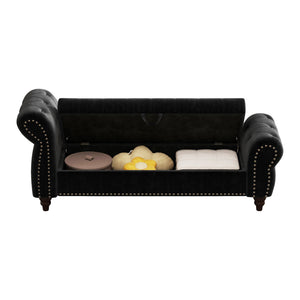 English Elm 64.5" Bed Bench with Storage Velvet Upholstery — Tufted Chaise Lounge, Solid Wood Frame, 400lb Capacity Black W1097P202877