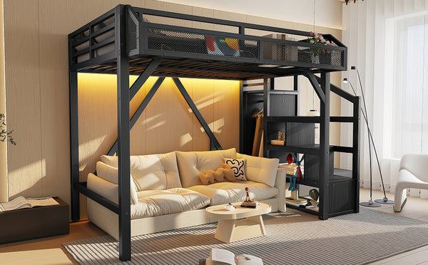 English Elm Twin Metal Loft Bed with Wardrobe Storage Stairs Led Lighting and Usb Ports W1580S00405