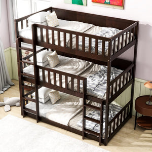 English Elm Twin Size Triple Bunk Bed In Espresso - Space-Saving Rubberwood Design With Ladders And Guardrails W504S00243-GIGA