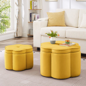 English Elm Set of 2 Flower Petal Velvet Storage Ottomans Sculptural Nesting Seating for Living Room Yellow W2186P440356