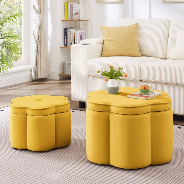 English Elm Set of 2 Flower Petal Velvet Storage Ottomans Sculptural Nesting Seating for Living Room Yellow W2186P440356