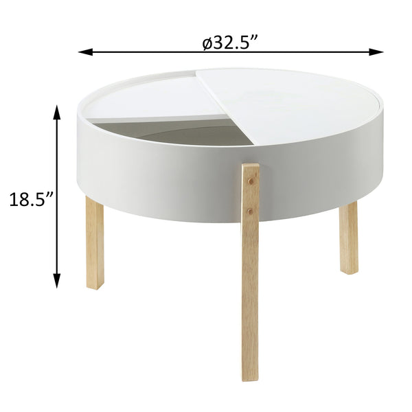 English Elm White Round Coffee Table with Hidden Storage Compartment, White & Natural Finish, Sturdy Pine Design B062P186476