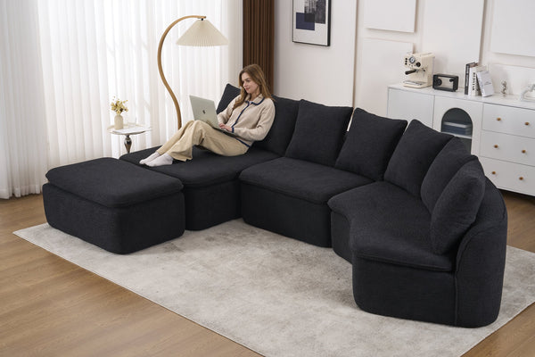 English Elm 133'' Modular U-shaped Sectional Chenille Sofa with Removable Recliner for Spacious Rooms Black W2231S00055